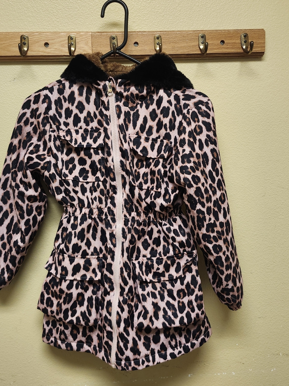Pink & Black Leopard Print Faux-Fur Collar Jacket Like New Shein